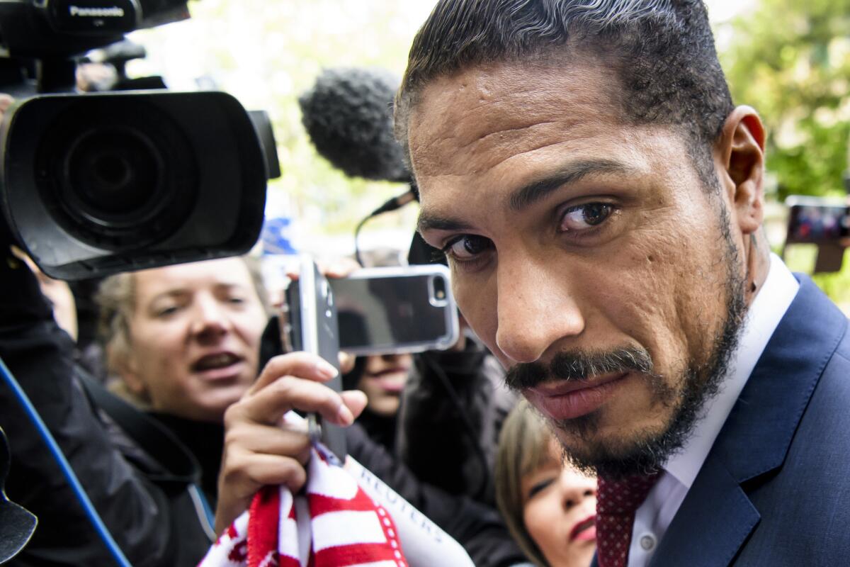 Jose Paolo Guerrero soccer player from Peru, arrives for a hearing at the international Court of Arbitration for Sport, CAS, on his doping ban in Lausanne, Switzerland, Thursday, May 3, 2018.