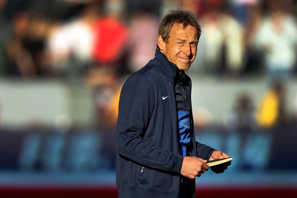 Jurgen Klinsmann, heading to the locker room after a U.S. victory over South Korea at StubHub Center in 2014, hasn't coached in two years.