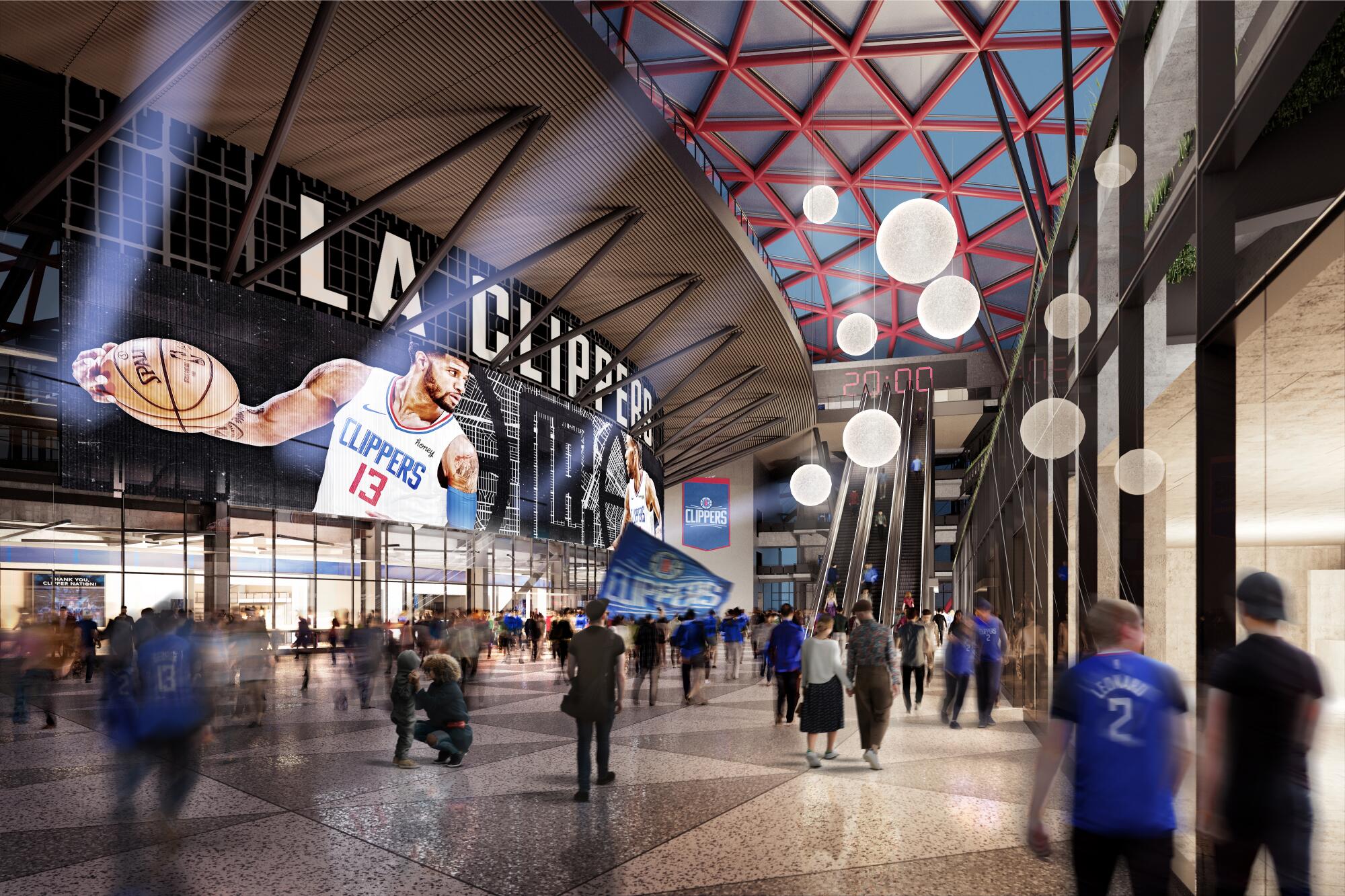 An artist's rendering shows fans strolling a wide concourse inside the Clippers' new arena, The Intuit Dome.