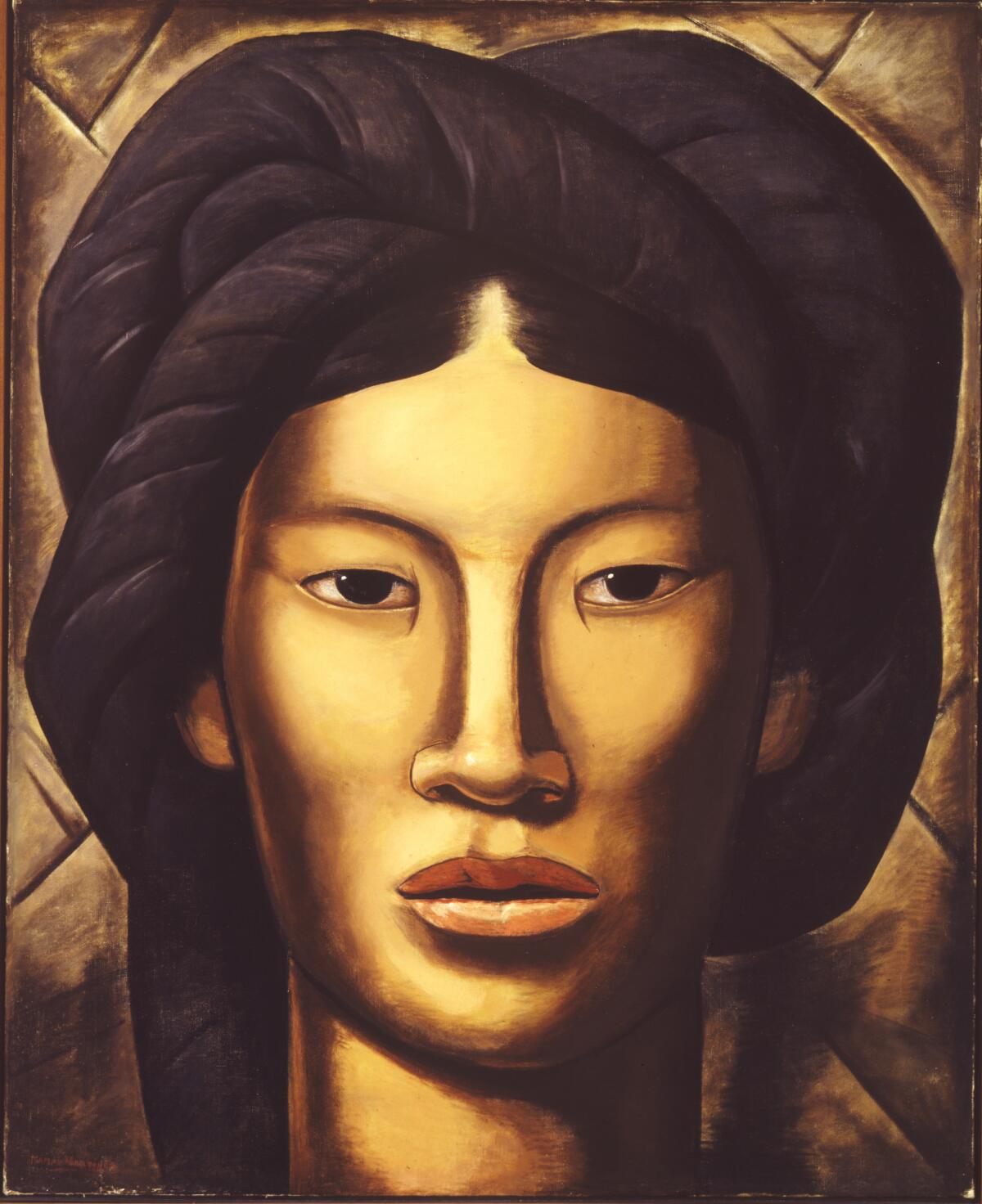 A painting shows an Indigenous woman's face framed in warm shades of brown.