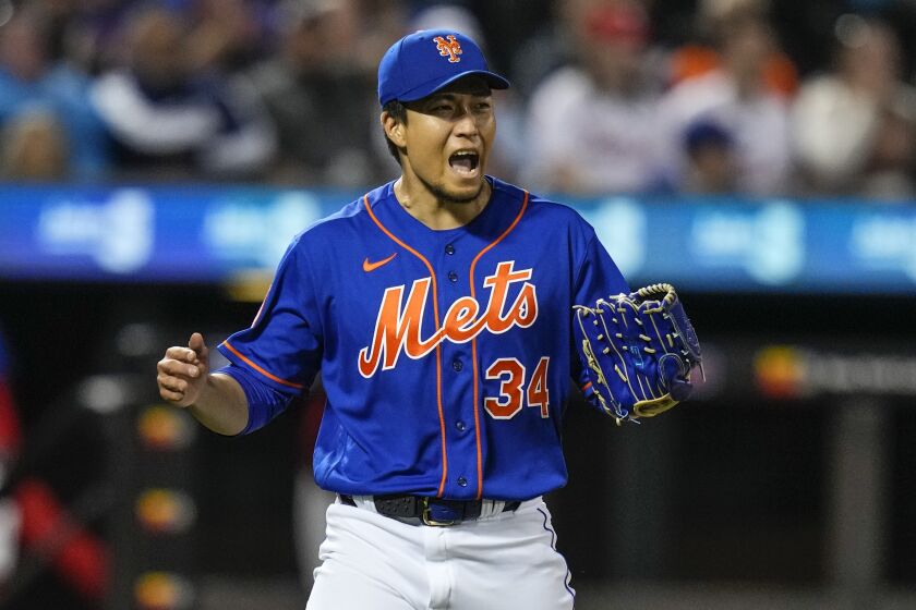 New York Mets starting pitcher Kodai Senga celebrates after striking out Philadelphia Phillies' Kyle Schwarber during the seventh inning of a baseball game Tuesday, May 30, 2023, in New York. (AP Photo/Frank Franklin II)