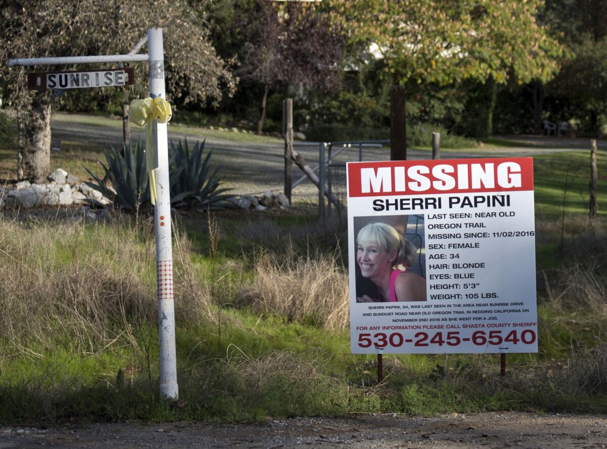 FILE - In this Nov. 10, 2016, photo, a "missing" sign for Mountain Gate, Calif., resident Sherri Papini, is seen along Sunrise Drive, near the location where the mom of two is believed to have gone missing while on an afternoon jog. A Northern California woman who was arrested last week for faking her own 2016 kidnapping and lying to federal agents investigating the alleged abduction can be released from jail, a federal judge ruled Tuesday, March 8, 2022. (Andrew Seng/The Sacramento Bee via AP, File)
