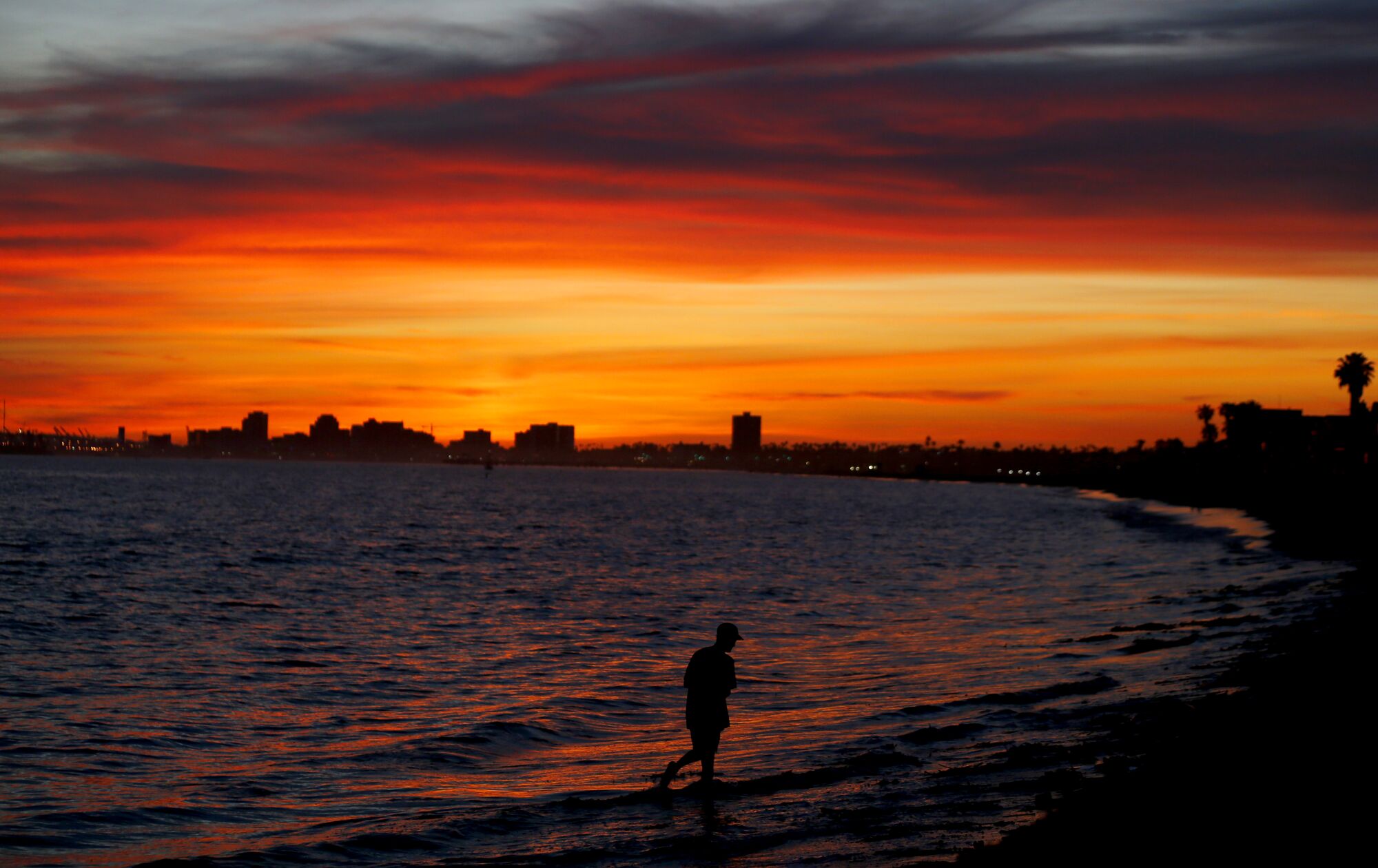 A beachgoer walks along the shoreline in Long Beach.