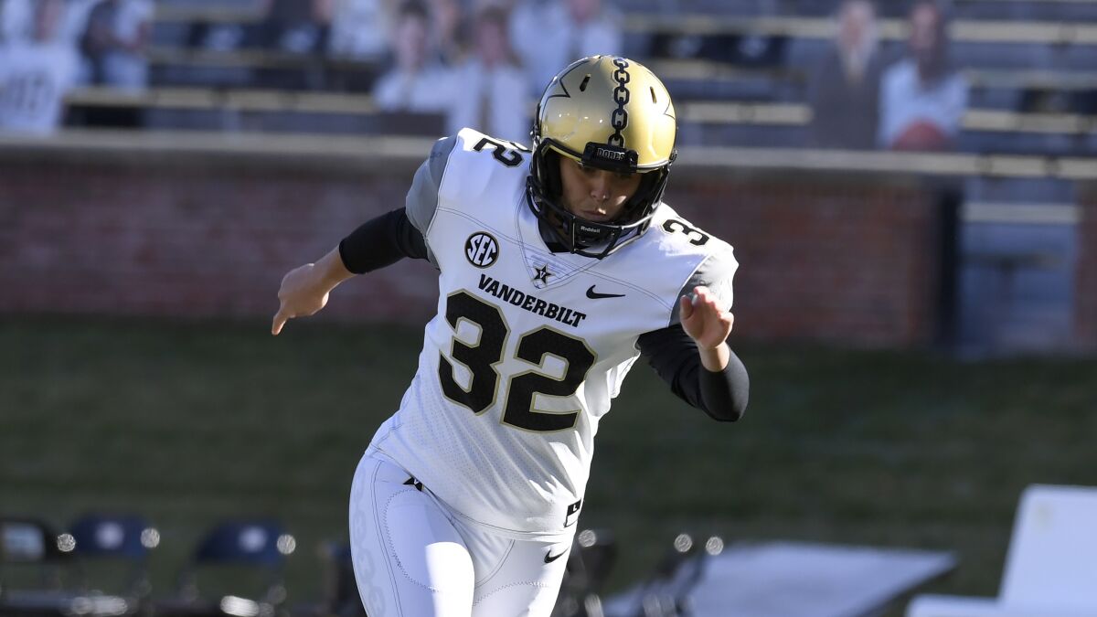 Vanderbilt placekicker Sarah Fuller warms up before a game against Missouri on Nov. 28.