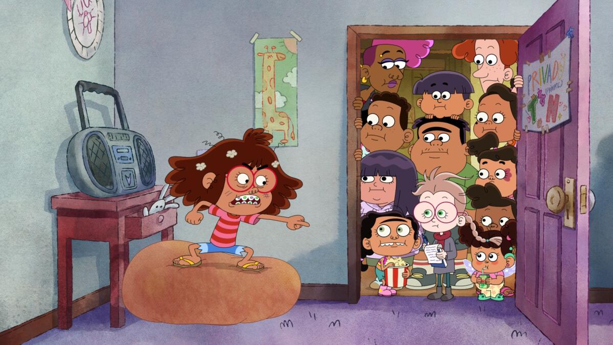 A cartoon child stands by a boom box looking crazed while family and friends crowd a doorway. 