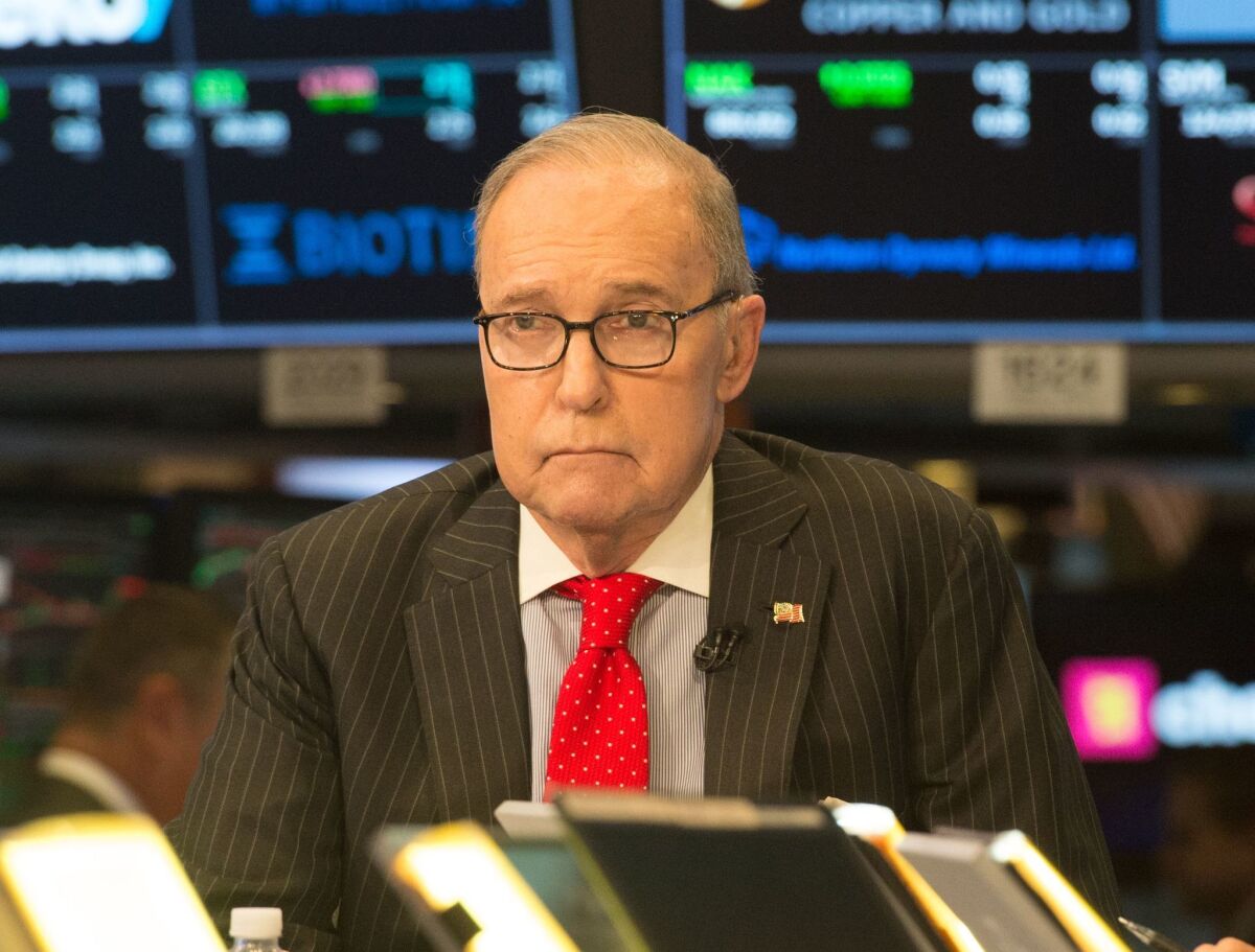Economic analyst Larry Kudlow speaks on the set of CNBC in New York on March 8.