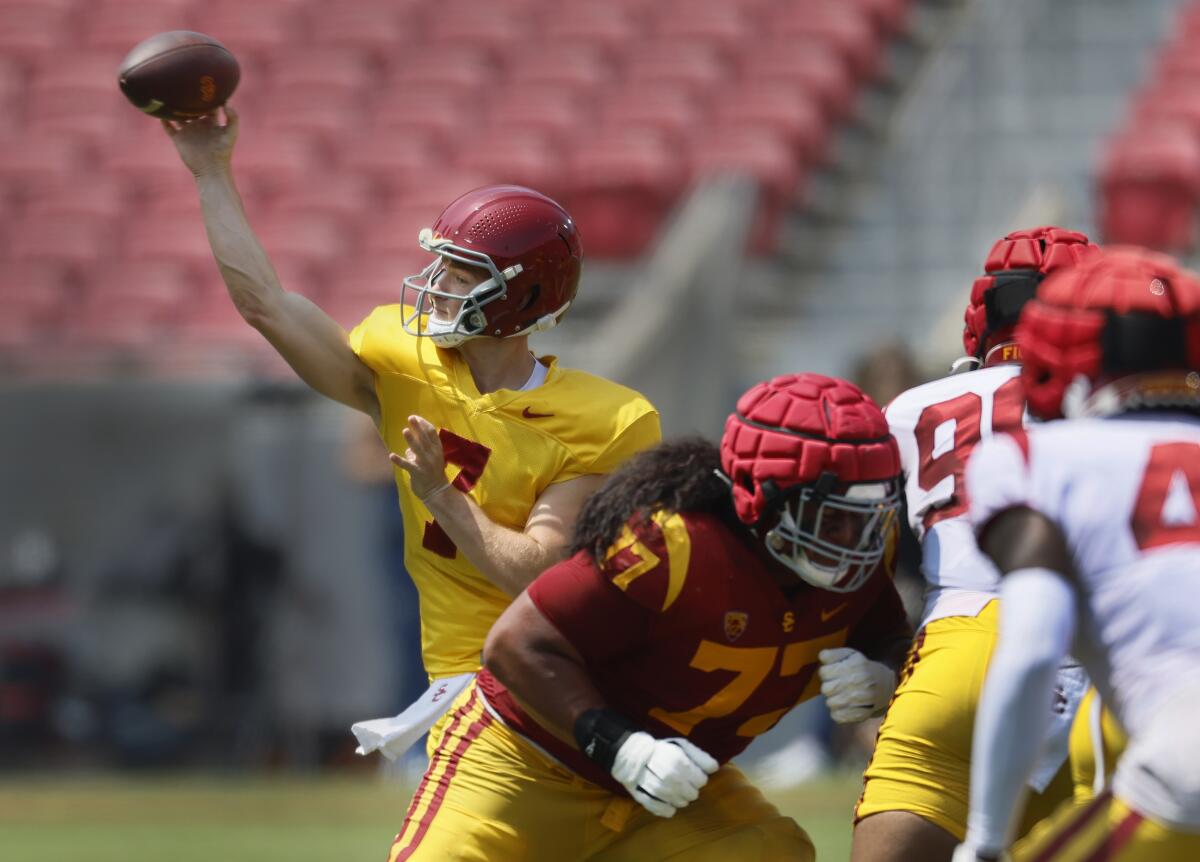Los Angeles, CA - April 20: USC quarterback Miller Moss, #7, throws the ball during.