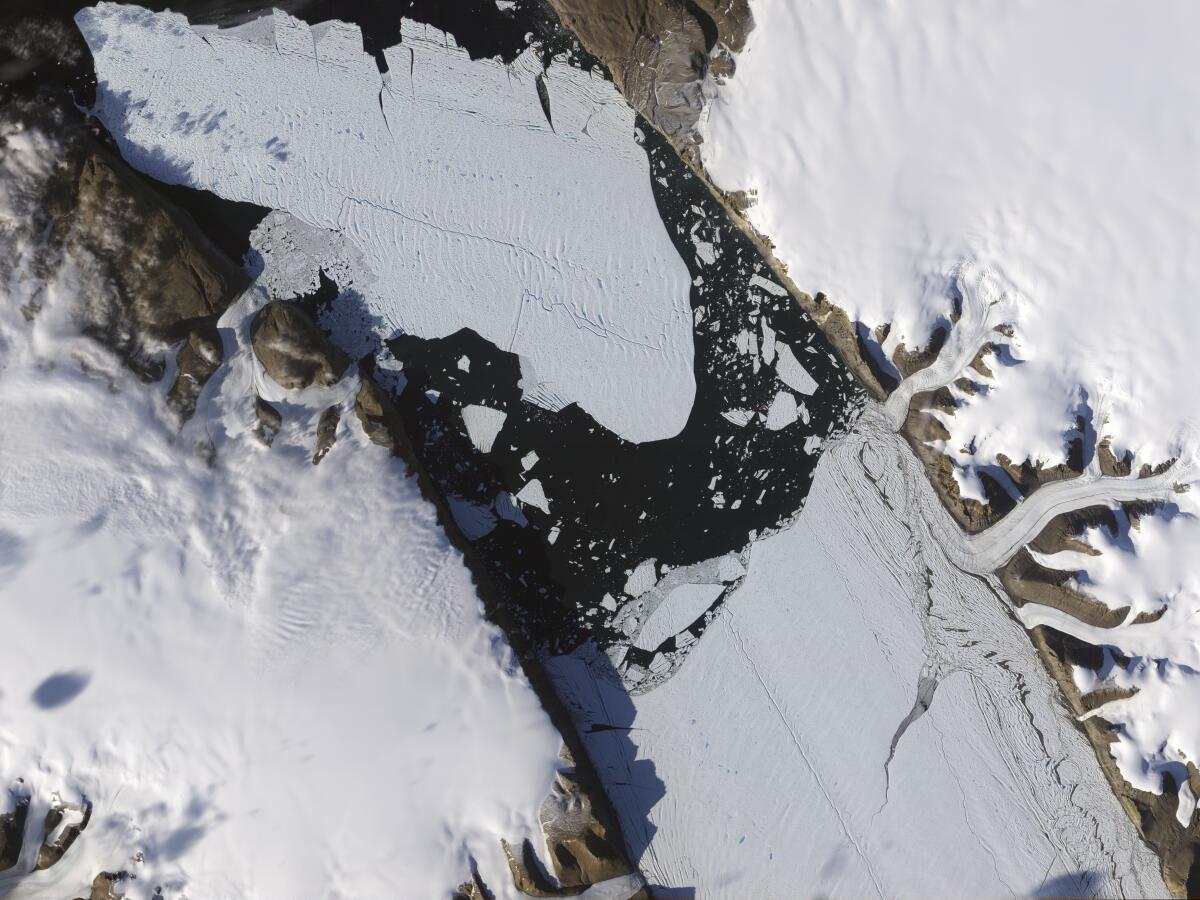 Image shows a piece of the Petermann Glacier that cracked in Greenland.