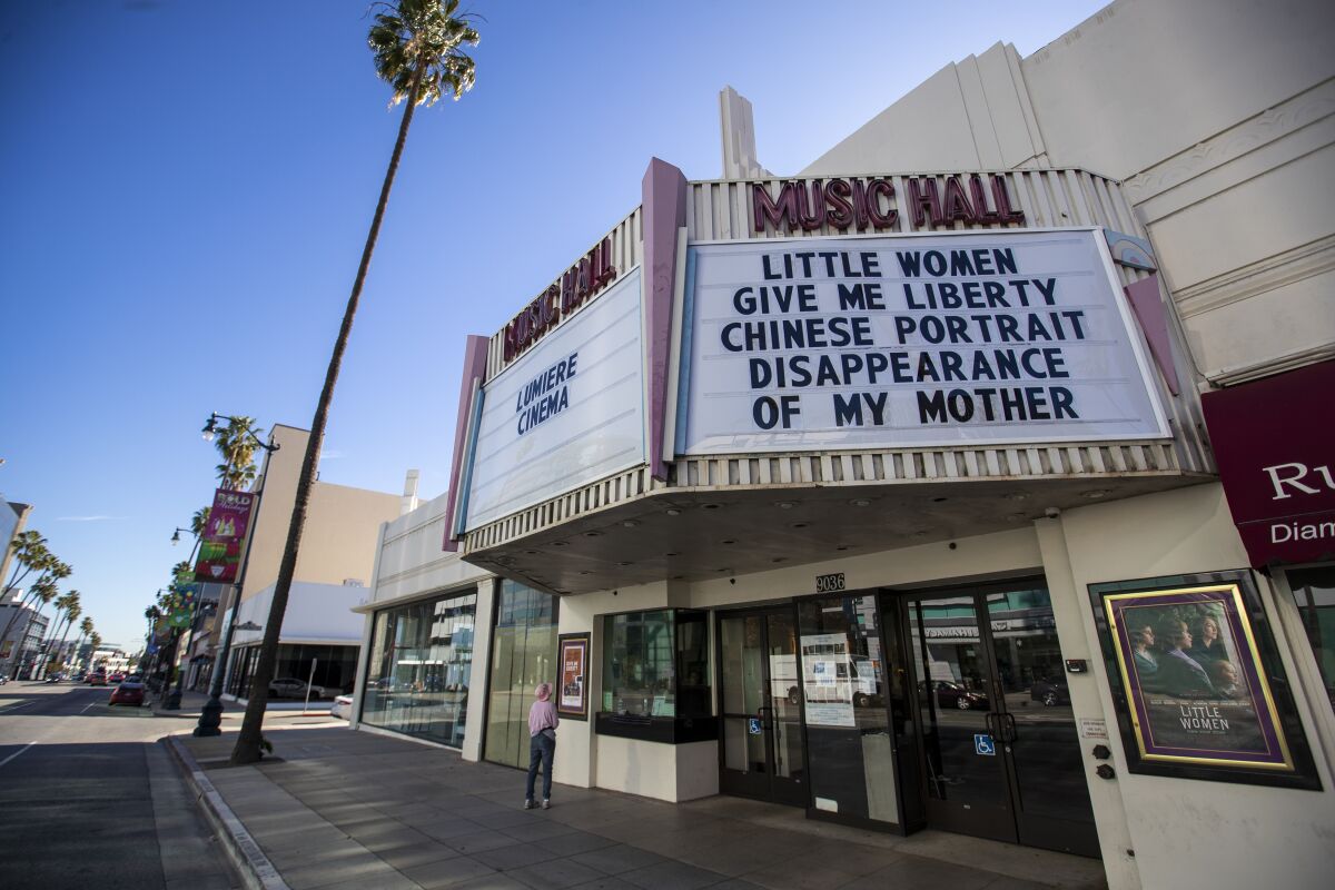 The new marquee of the Lumiere Cinema at the Music Hall with the titles "Little Women," "Give Me Liberty," "Chinese Portrait" and "Disappearance of My Mother."