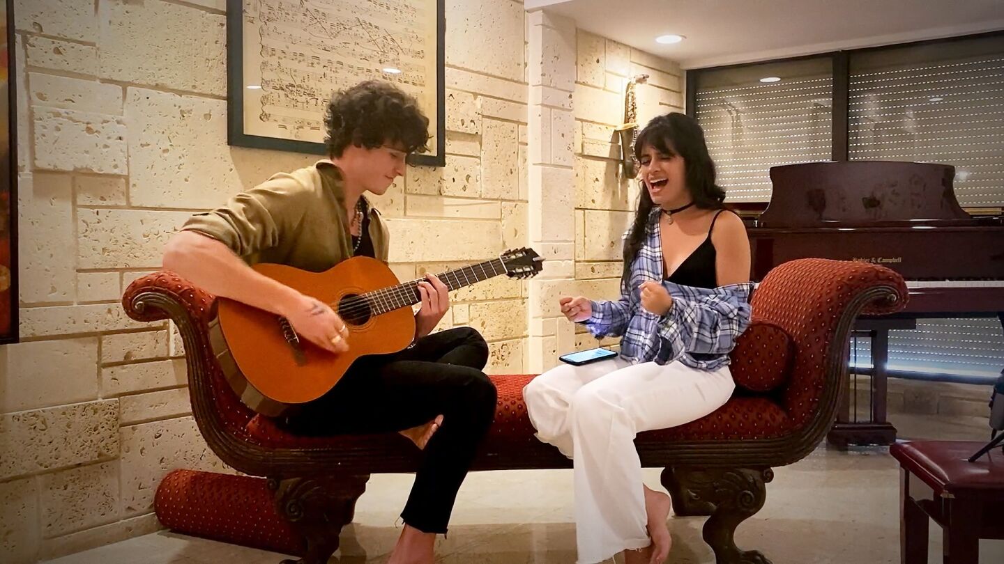 Shawn Mendes and Camila Cabello perform during the Living Room Concert for America.