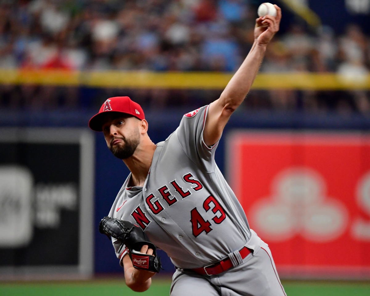 Angels pitcher Patrick Sandoval delivers against the Tampa Bay Rays in the first inning Sunday.