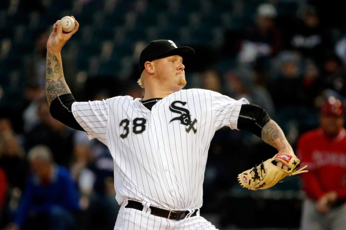 White Sox starting pitcher Mat Latos (38) delivers against the Angels in the first inning.
