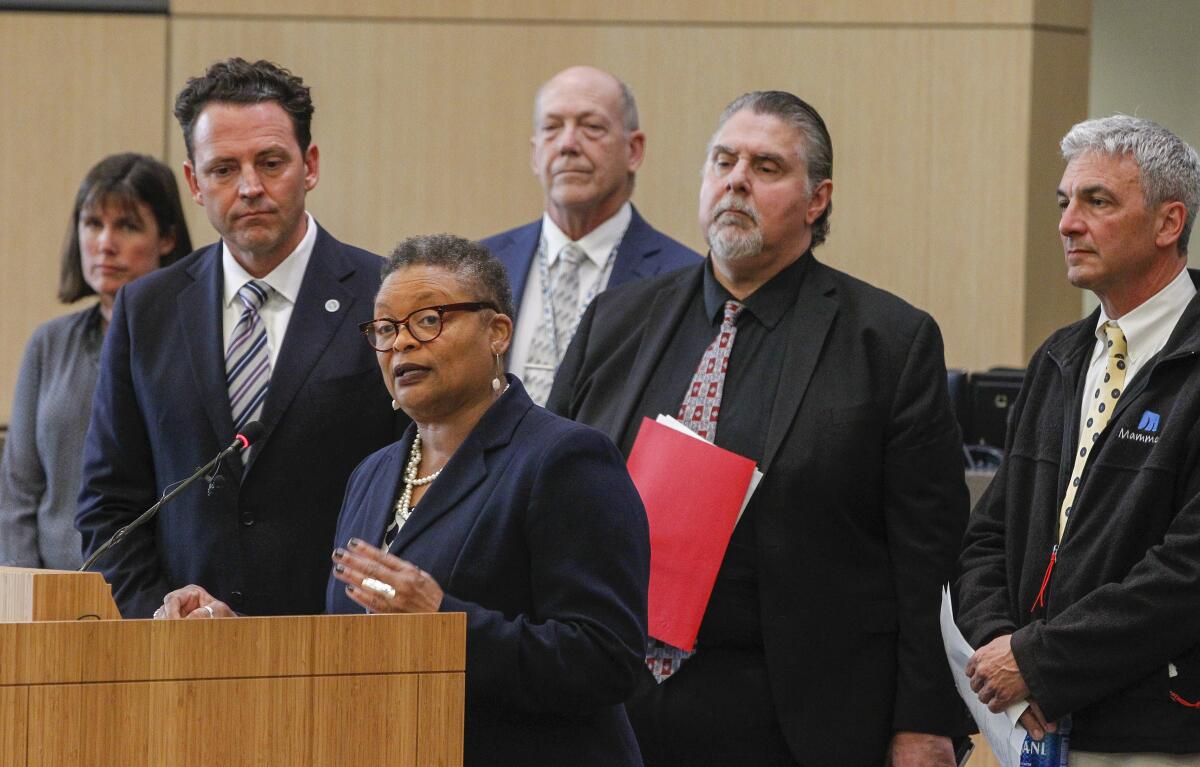 County public health officer Wilma Wooten M.D., and other officials, provide the latest updates on COVID-19 Coronavirus at the County Operations Center on February 14, 2020 in San Diego, California.