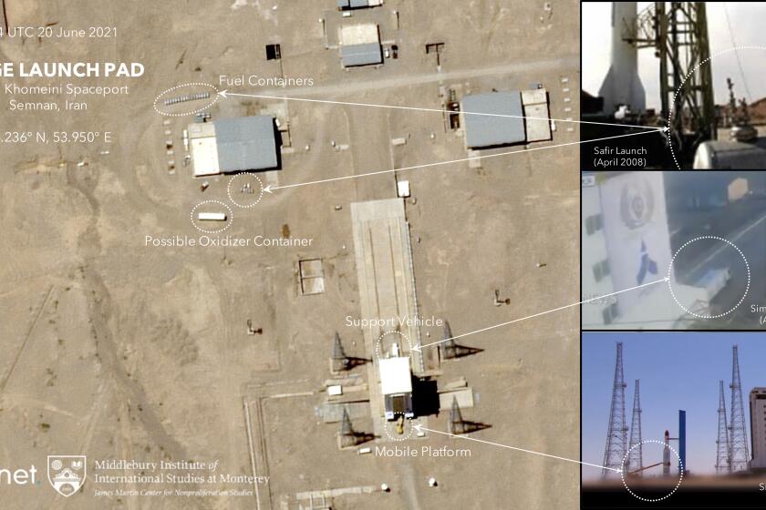 This satellite image provided by Planet Labs Inc. that has been annotated by experts at the James Martin Center for Nonproliferation Studies at Middlebury Institute of International Studies shows preparation at the Imam Khomeini Spaceport in Iran's Semnan province on June 20, 2021 before what experts believe will be the launch of a satellite-carrying rocket. Iran likely conducted a failed launch of a satellite-carrying rocket in recent days and now appears to be preparing to try again, their latest effort to advance their space program amid tensions with the West over its tattered nuclear deal. (Planet Labs Inc., James Martin Center for Nonproliferation Studies at Middlebury Institute of International Studies via AP)