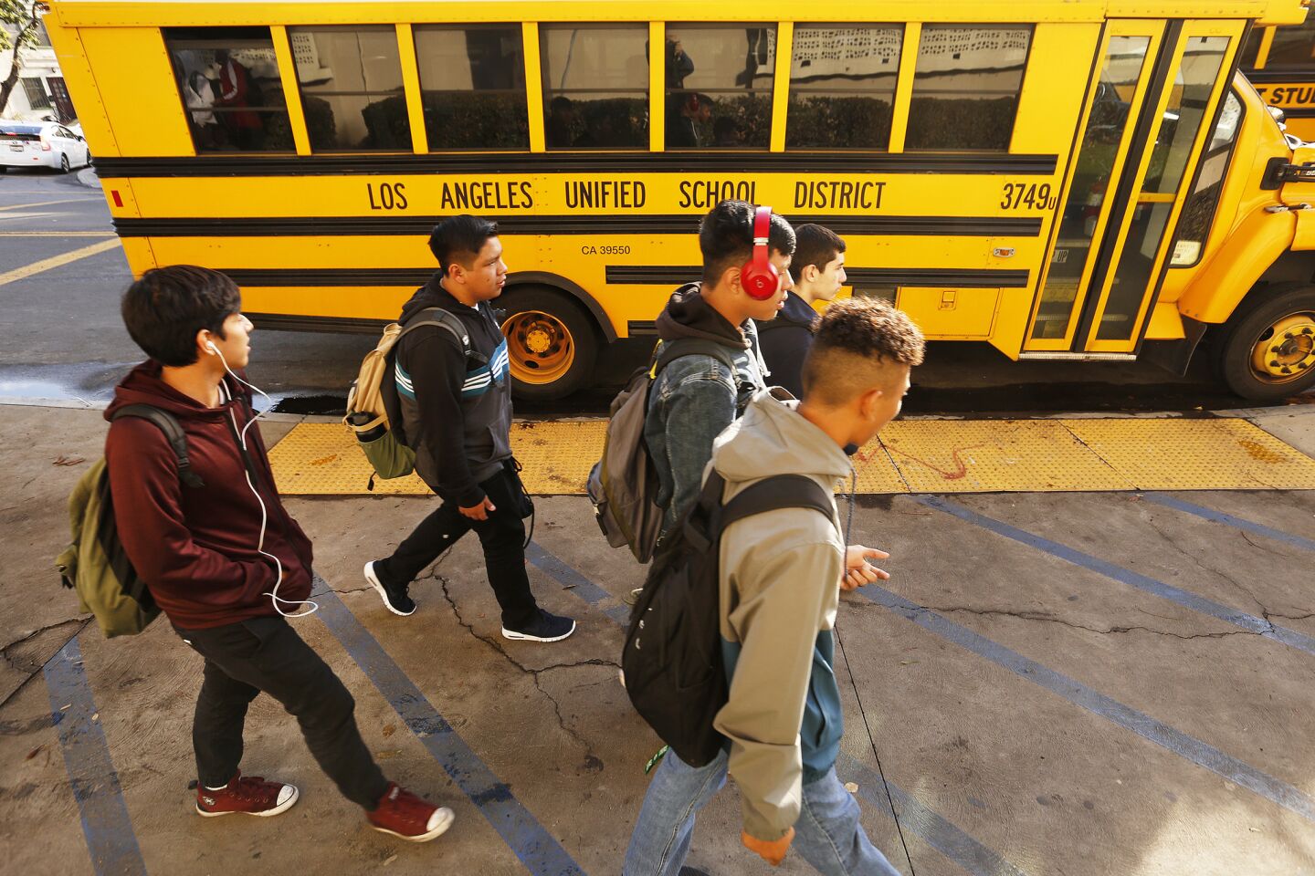 Students depart Belmont High School in Los Angeles after classes on Jan. 9, the first day of school of 2019, while last-ditch bargaining efforts continued to avert a Los Angeles teachers’ strike.