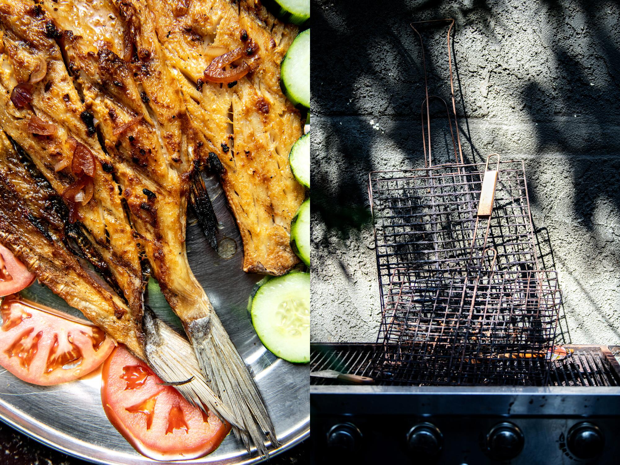 Pescado zarandeado on a plate and the fish grill