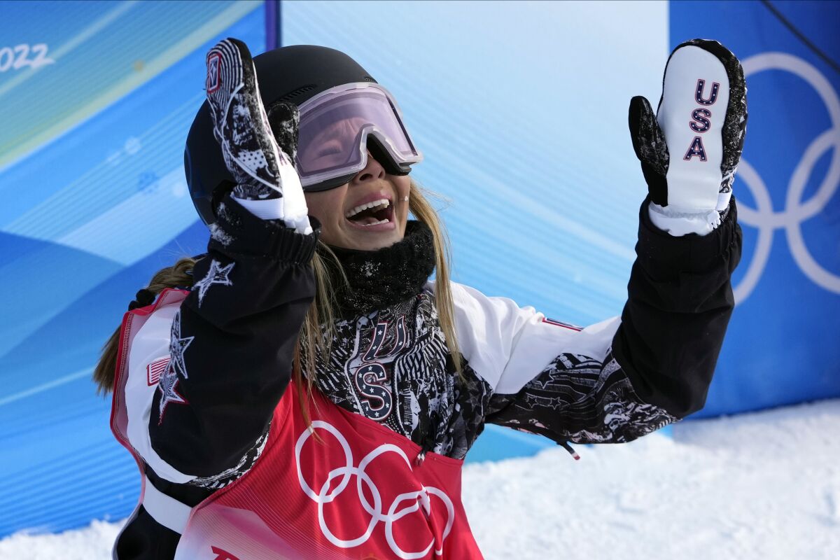 United States' Chloe Kim reacts during the women's halfpipe finals at the 2022 Winter Olympics, Thursday, Feb. 10, 2022, in Zhangjiakou, China. (AP Photo/Lee Jin-man)