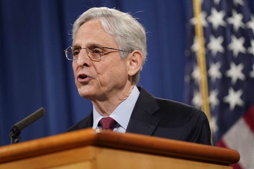 Attorney General Merrick Garland speaks during a news conference on voting rights at the Department of Justice in Washington, Friday, June 25, 2021. (AP Photo/Patrick Semansky)