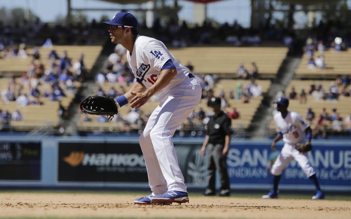 Dodgers outfielder Andre Ethier plays first base late in the game against the Milwaukee Brewers on Aug. 17.