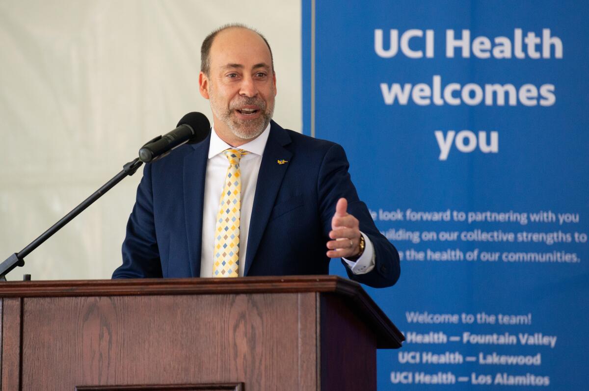 UCI Health President and CEO Chad Lefteris speaks at Wednesday's ceremony at Fountain Valley Regional Hospital.