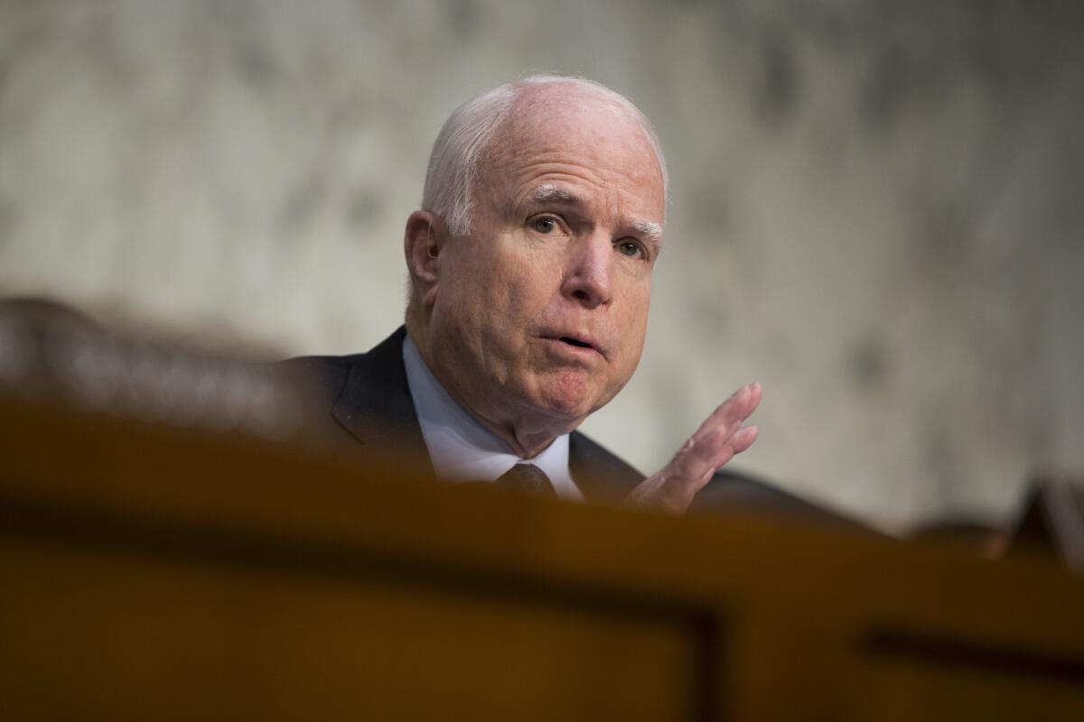 Sen. John McCain speaks on Capitol Hill in April.