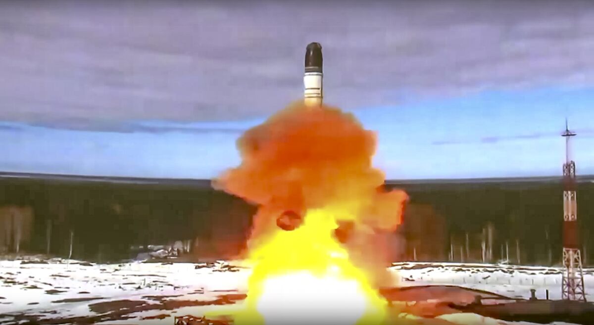In this handout photo released by Roscosmos Space Agency Press Service on Wednesday, April 20, 2022, the Sarmat intercontinental ballistic missile is launched from Plesetsk in Russia's northwest. Russia said on Wednesday it had conducted a first test launch of its Sarmat intercontinental ballistic missile, a new and long-awaited addition to its nuclear arsenal which President Vladimir Putin said would make Moscow's enemies stop and think. (Roscosmos Space Agency Press Service via AP)