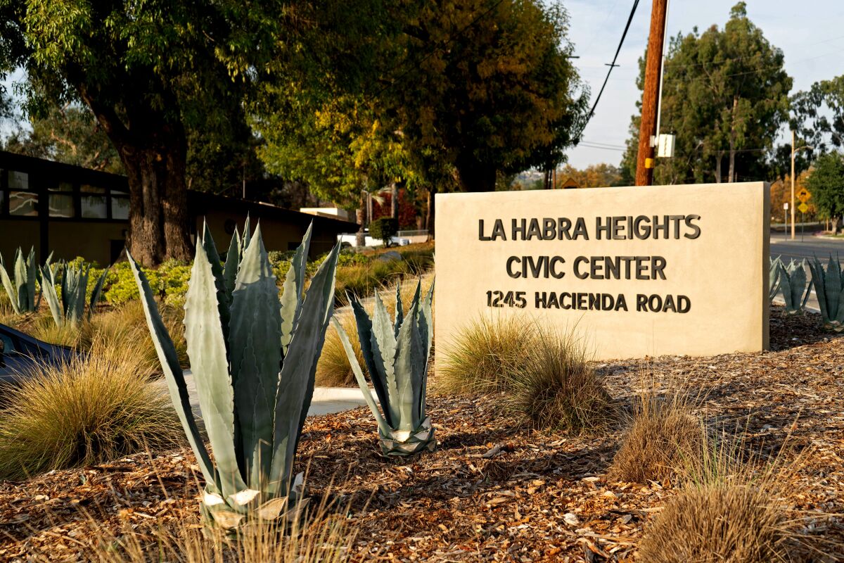 Landscaping around a sign for the La Habra Heights Civic Center