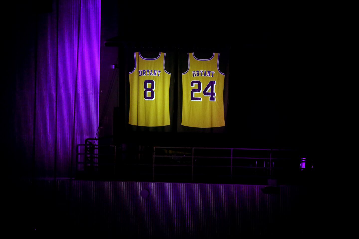 Koby Bryant's jerseys hang at Staples Center before a game between the Lakers and the Trail Blazers on Jan. 31.