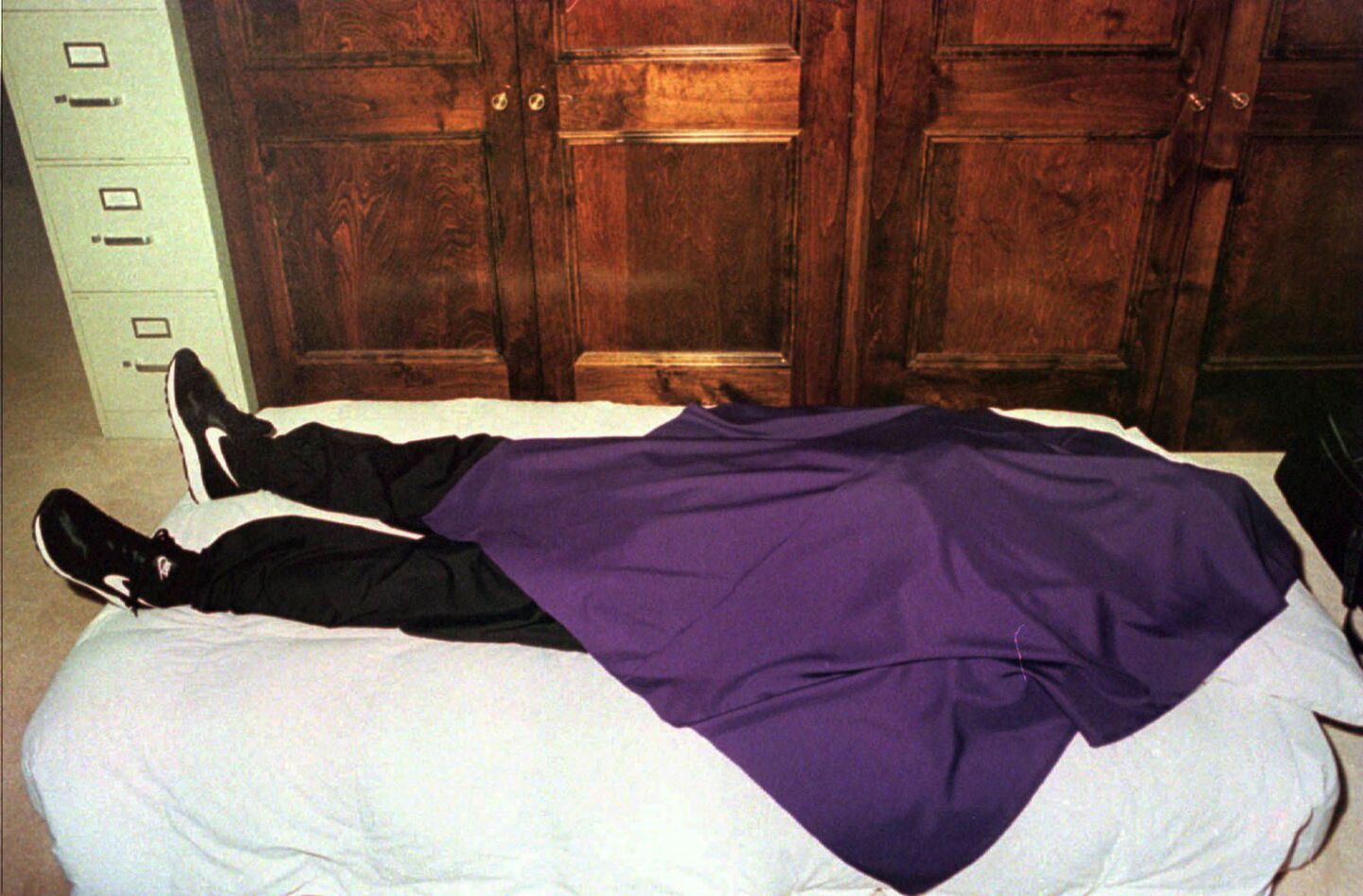 A photograph provided by the San Diego County Sheriff's Department shows the position of some of the Heaven's Gate members when their bodies were discovered on March 26, 1997, in a Rancho Santa Fe mansion. They died in a mass suicide.