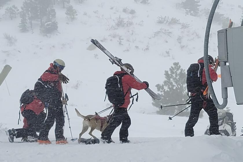 Rescues crews work at the scene of an avalanche at the Palisades Tahoe ski resort on Wednesday, Jan. 10, 2024, near Lake Tahoe, Calif. The avalanche roared through a section of expert trails at the ski resort as a major storm with snow and gusty winds moved into the region, authorities said. (Mark Sponsler via AP)