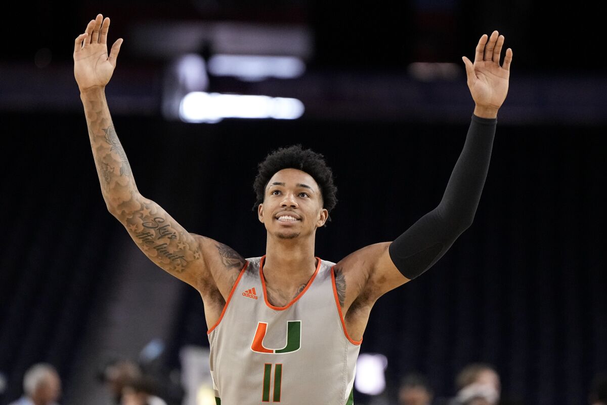 Miami guard Jordan Miller practices.