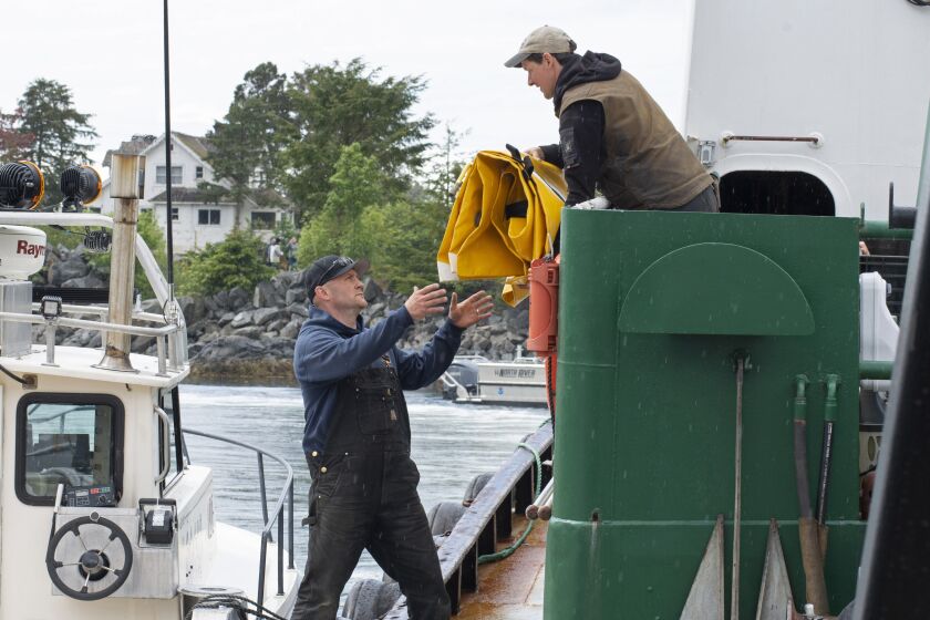Lee Hanson, left, and Ryan Martin of Hanson Maritime Company transfer float bags and other boat salvage equipment from the tugboat Salvation to a smaller boat at Crescent Harbor in Sitka, Alaska, on Wednesday, May 31, 2023. Hanson Maritime has been a part of the efforts to recover the fishing boat charter that was found partially submerged near Sitka over the weekend. (James Poulson/Daily Sitka Sentinel via AP)