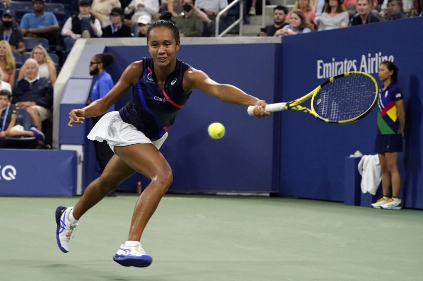 Leylah Fernandez hits a return during her victory over Angelique Kerber.