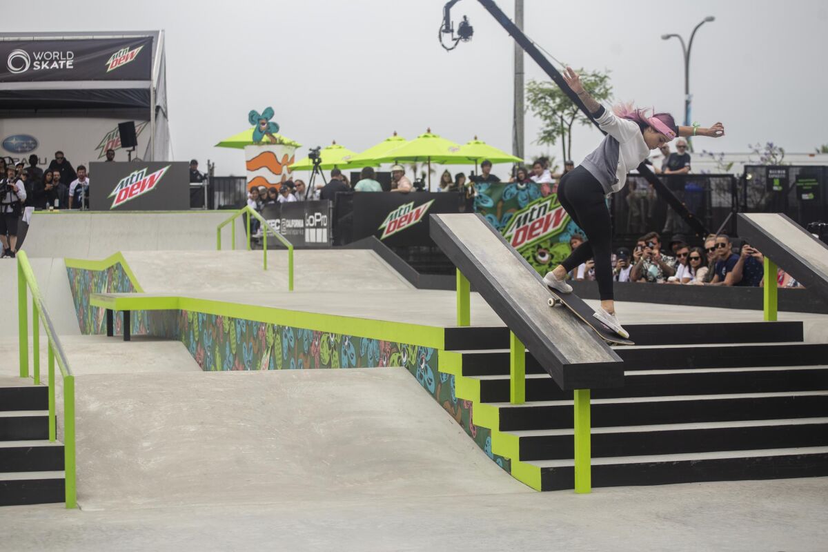 Leticia Bufoni competes in the women's street competition at the 2019 Dew Tour event in Long Beach.