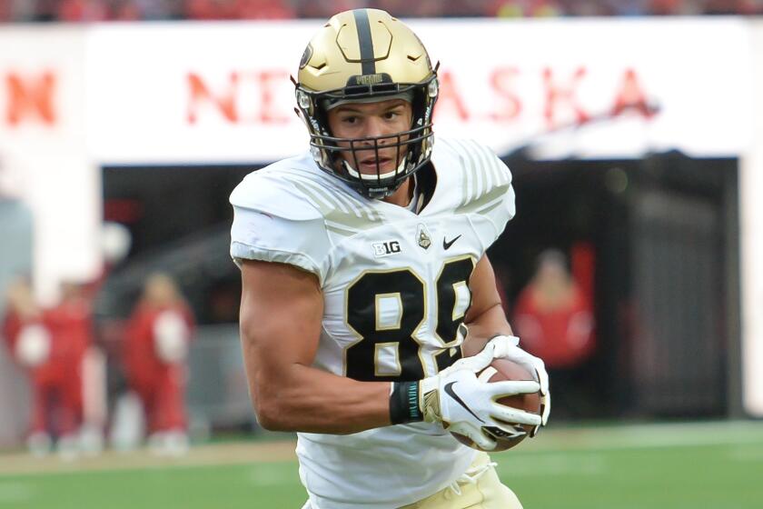 LINCOLN, NE - SEPTEMBER 29: Tight end Brycen Hopkins #89 of the Purdue Boilermakers runs after a catch against the Nebraska Cornhuskers at Memorial Stadium on September 29, 2018 in Lincoln, Nebraska. (Photo by Steven Branscombe/Getty Images)