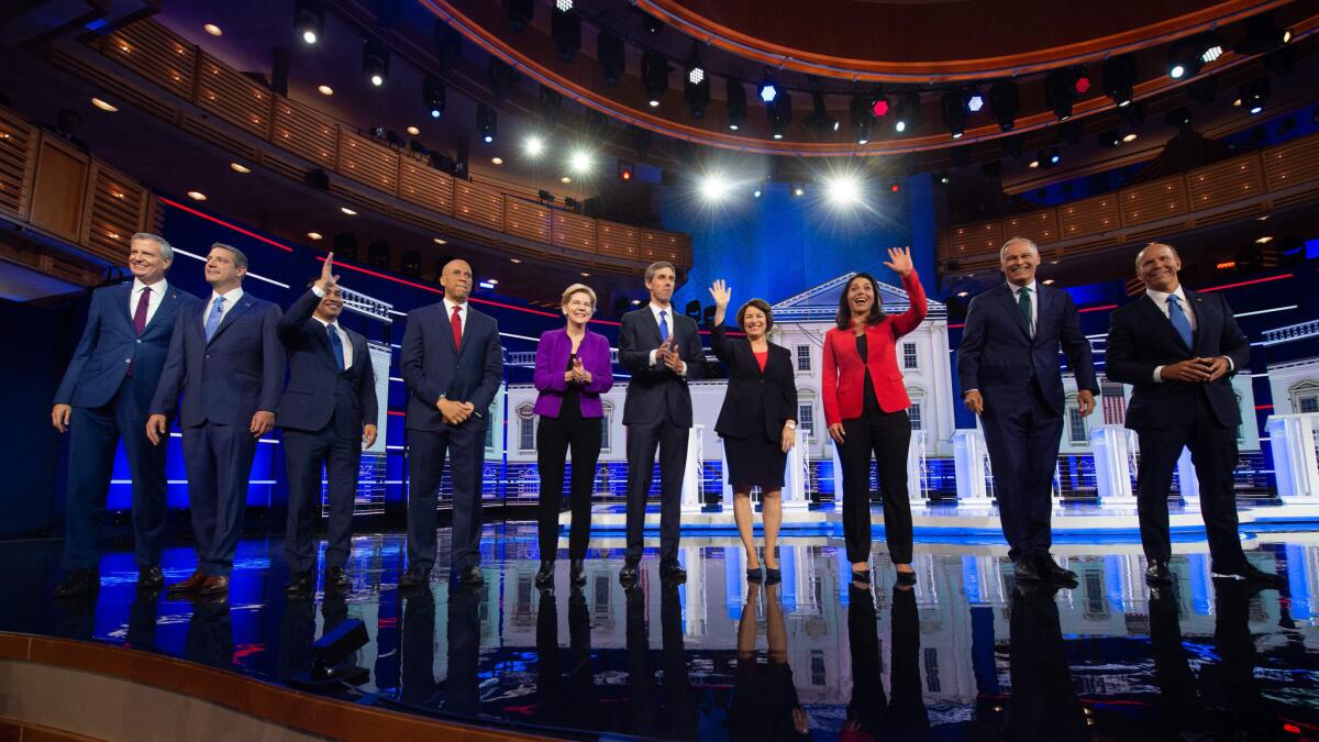 Democratic presidential hopefuls participate in the first primary debate of the 2020 campaign season at the Adrienne Arsht Center for the Performing Arts in Miami on Wednesday.