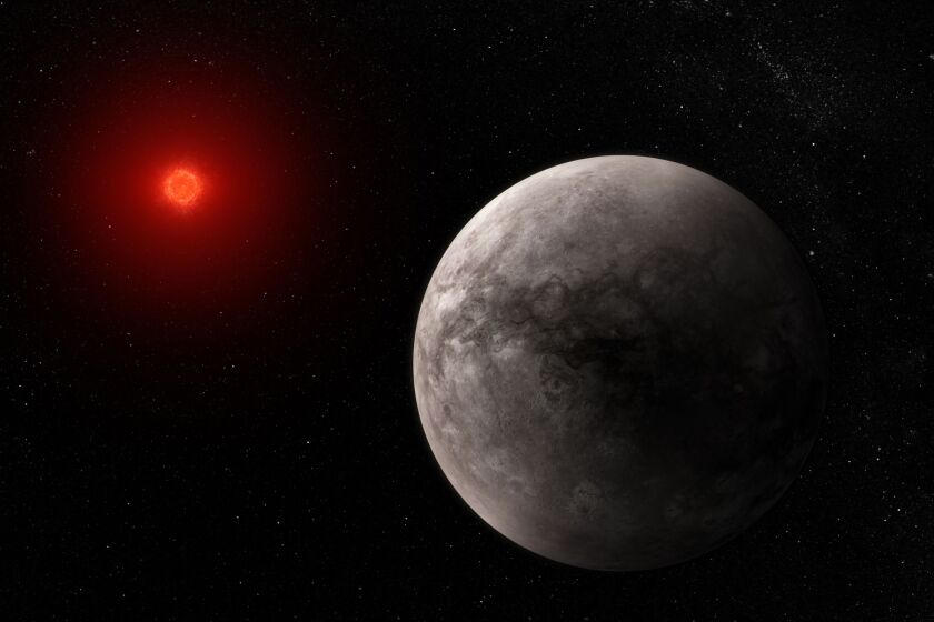 This illustration provided by the European Space Agency depicts what the exoplanet TRAPPIST-1 b could look like. On Monday, March 27, 2023, scientists said the Webb Space Telescope has found no evidence of an atmosphere at this innermost of the seven rocky, Earth-sized planets orbiting the nearby star, named Trappist. (NASA, ESA, CSA, J. Olmsted (STScI), T. P. Greene (NASA Ames), T. Bell (BAERI), E. Ducrot (CEA), P. Lagage (CEA) via AP)