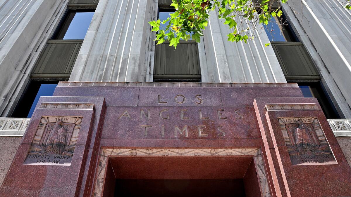 The W. 2nd St. entrance to the Los Angeles Times building in downtown L.A.