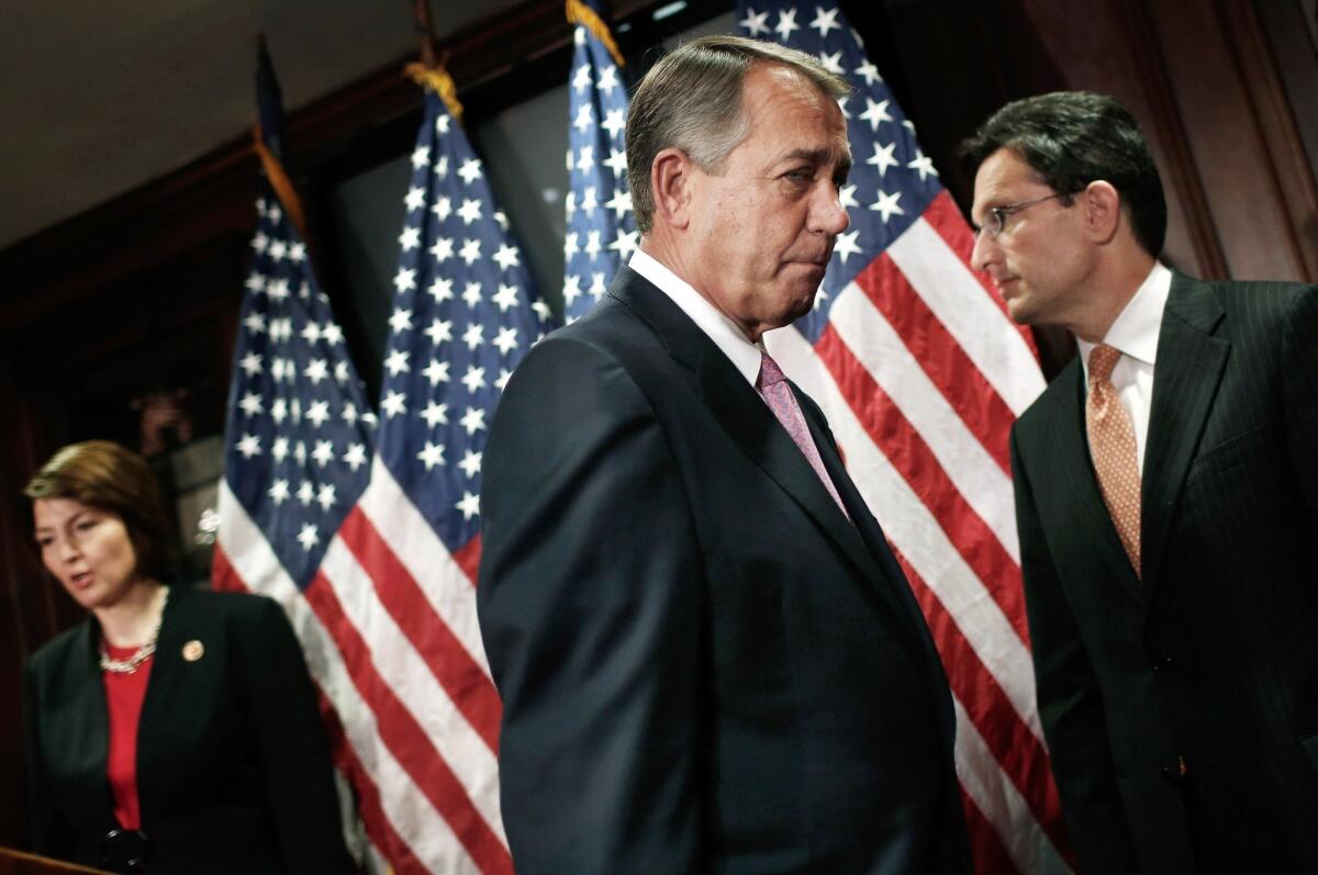 House Speaker John Boehner (R-Ohio) and House Majority Leader Eric Cantor (R-Va.) at news conference on Capitol Hill in April.