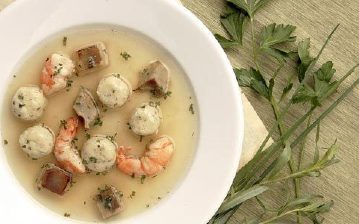 Shrimp and artichoke soup with spring herb gnocchi