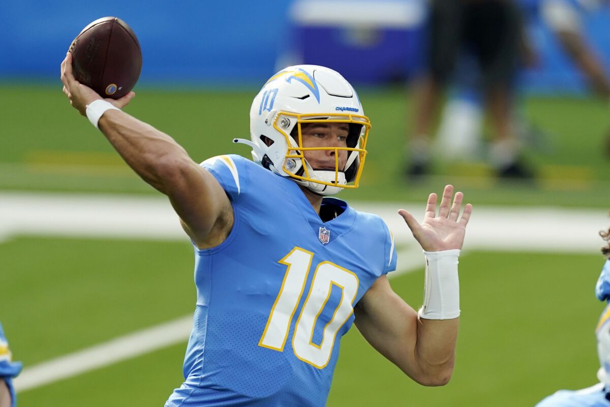 Chargers quarterback Justin Herbert throws a pass against the Jets during their game Nov. 22, 2020, at SoFi Stadium.