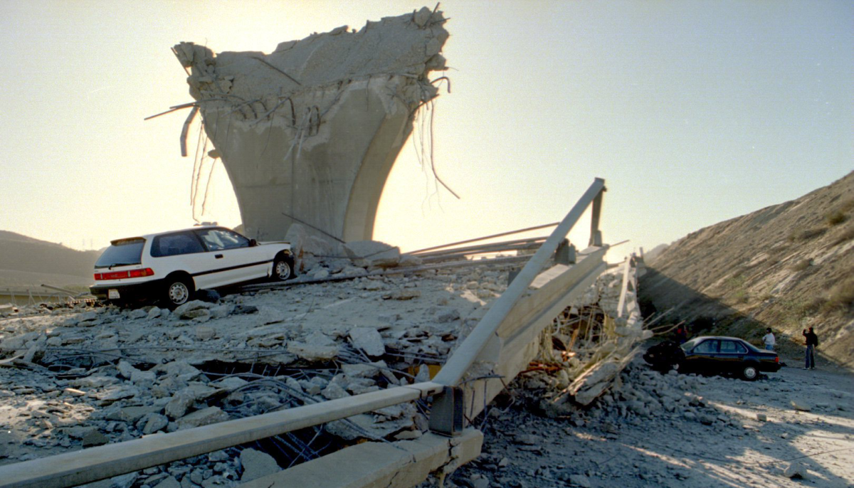 Only rubble remains at the junction of Interstate 5 and California 14.