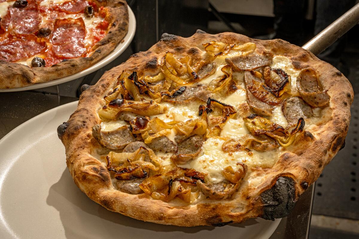 LOS ANGELES, CA - OCTOBER 14, 2022: A Wiseguy and a Sonny Boy pizza in the kitchen at Pizzeria Bianco (Ron De Angelis / For The Times)