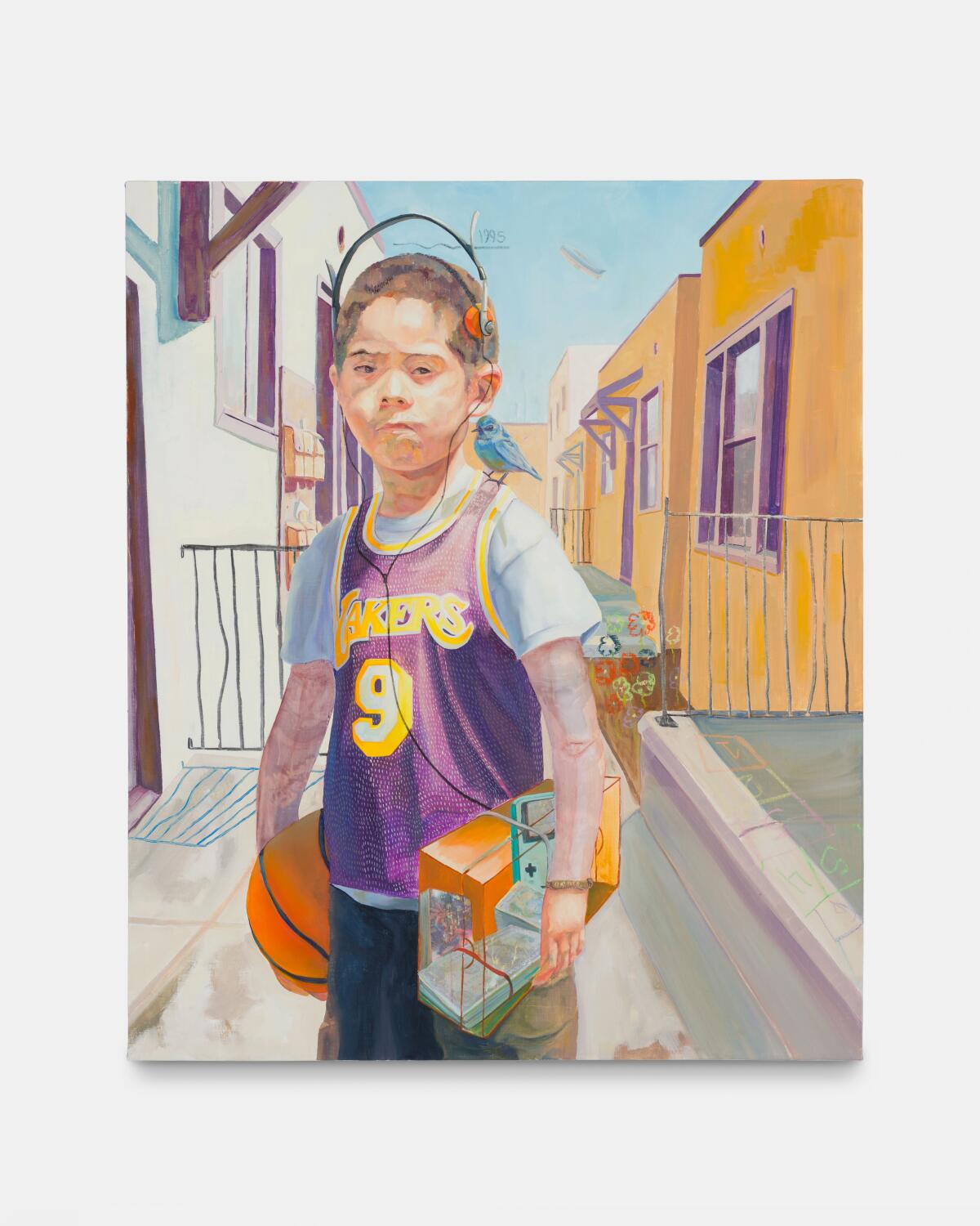 A painting of a boy in a Lakers jersey, standing on the street between houses. 
