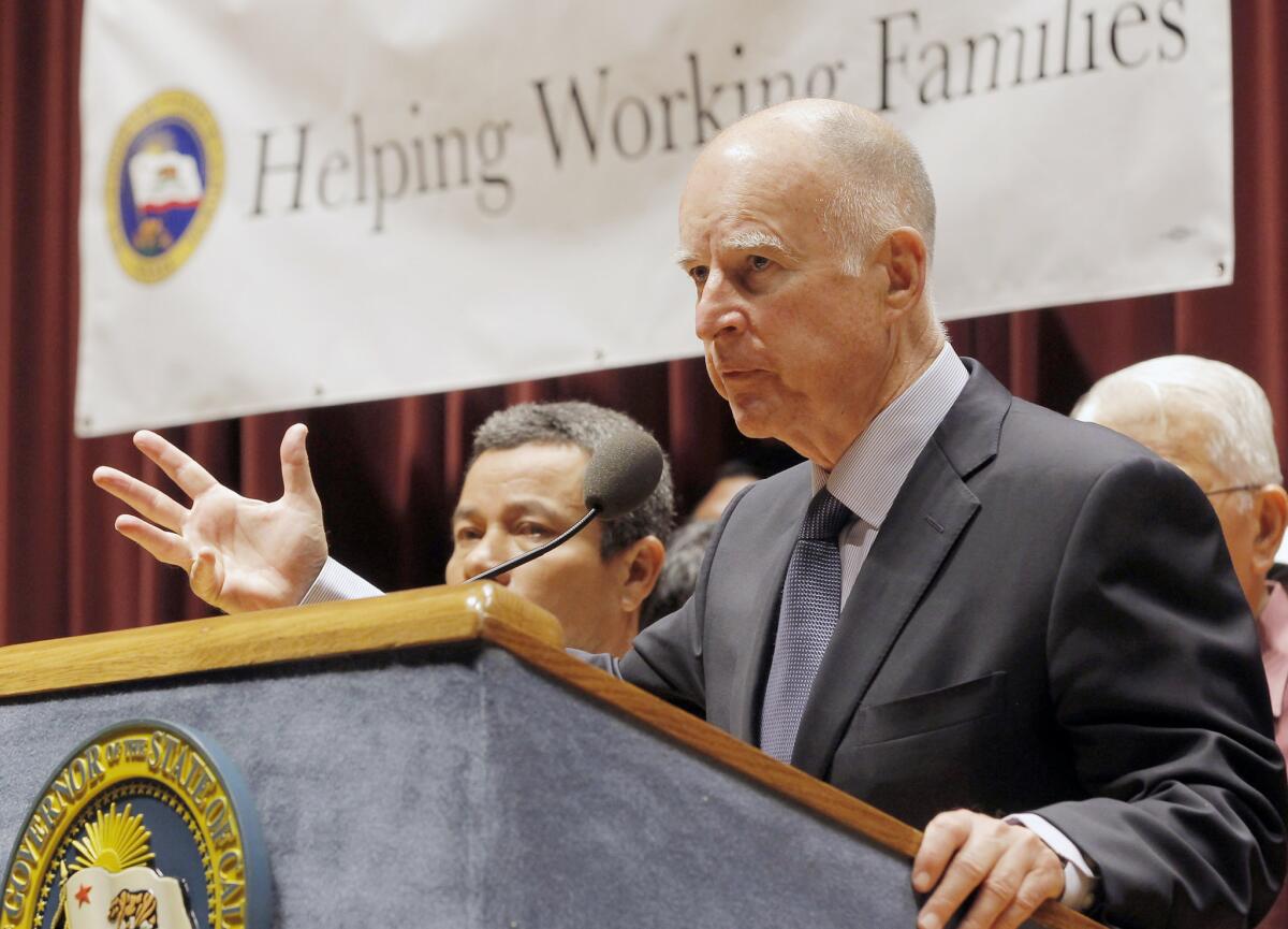 Gov. Jerry Brown speaks at a news conference.