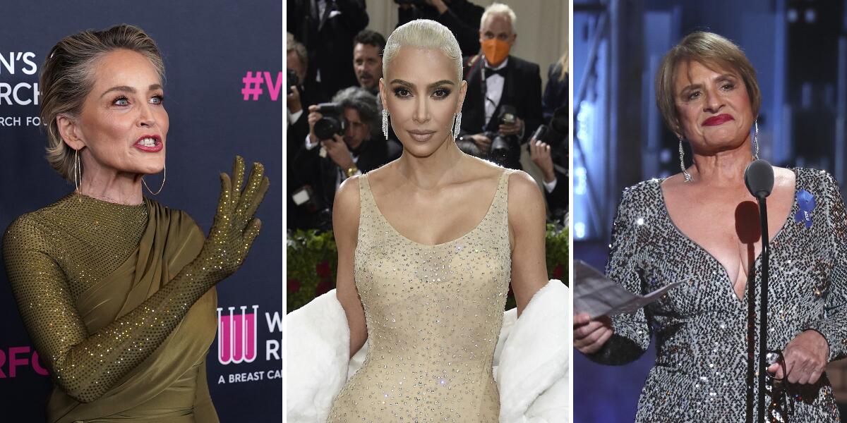 Three separate photos of Sharon Stone, Kim Kardashian and Patti LuPone.