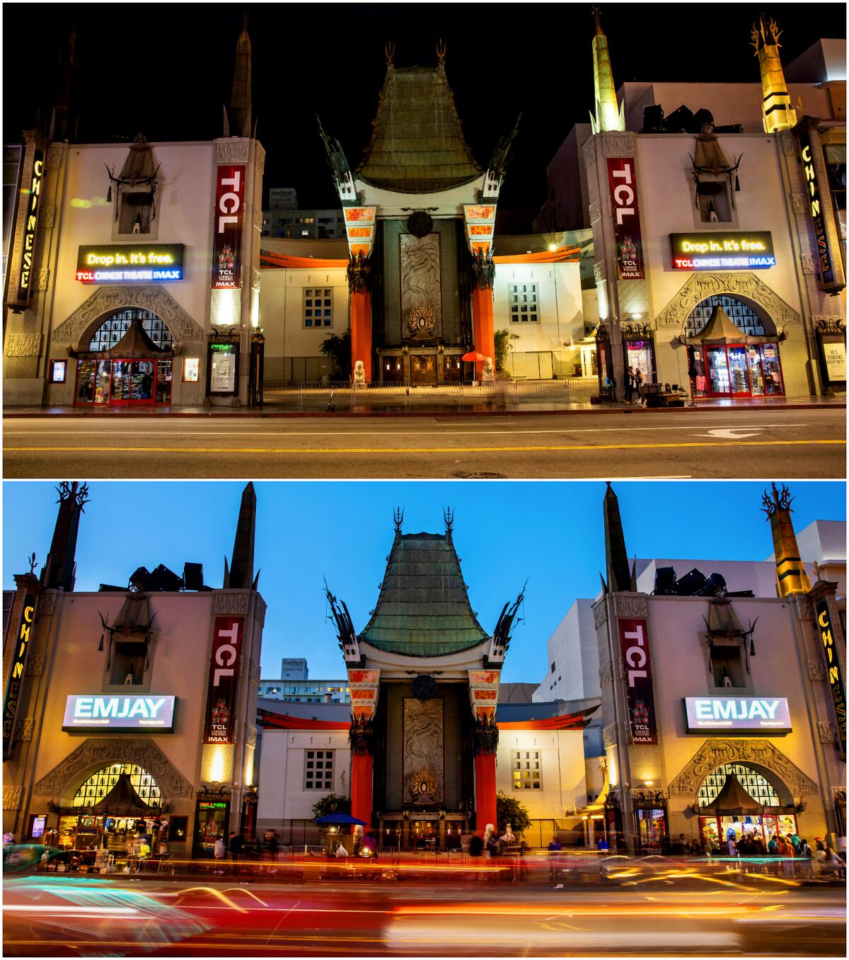 Paired photos of the TCL Chinese Theatres on Hollywood Boulevard in March 2020 and in March 2021.