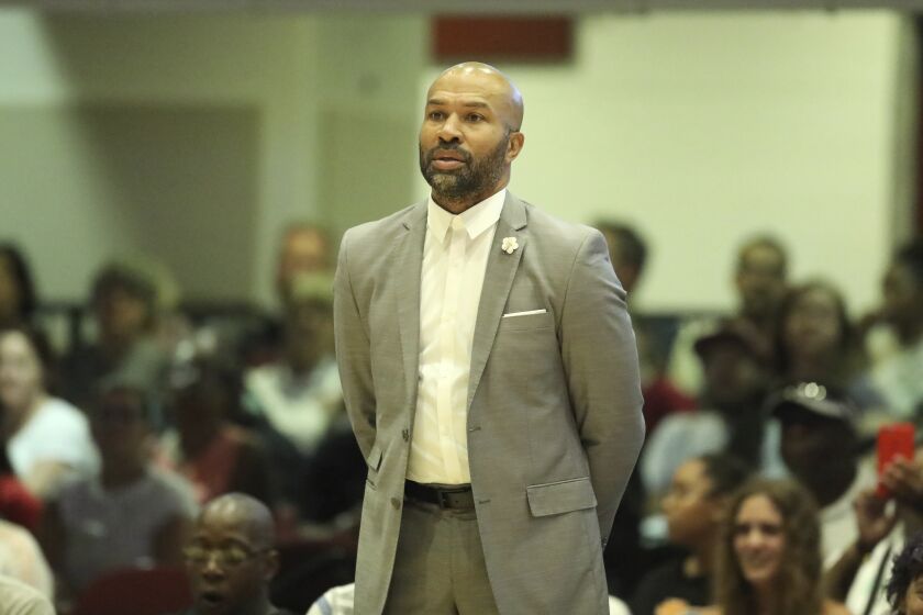 Los Angeles Sparks head coach Derek Fisher is seen on the sidelines against the New York Liberty during a WNBA basketball game, Saturday, July 20, 2019, in White Plains, N.Y. (AP Photo/Gregory Payan)