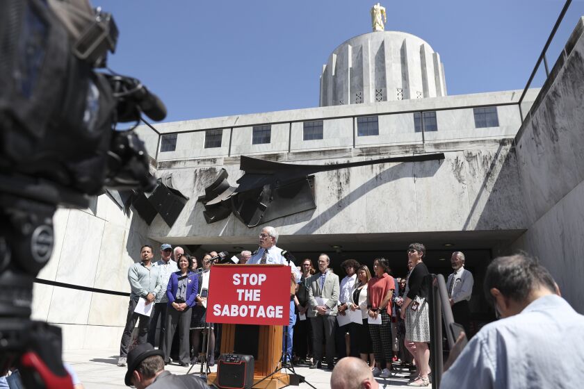 Democratic Sen. Jeff Golden speaks during a news conference and rally against the Republican Senate walkout at the Oregon State Capitol in Salem, Ore., Tuesday, June 6, 2023. (AP Photo/Amanda Loman)