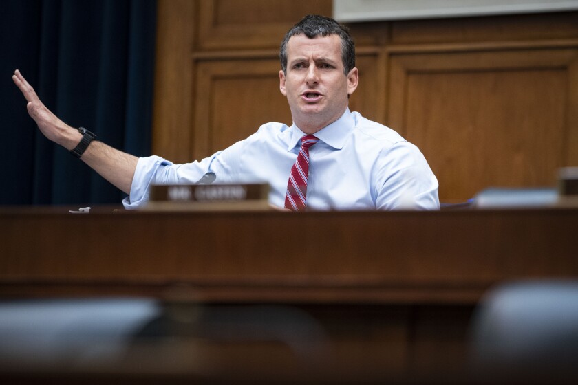 FILE - Rep. Trey Hollingsworth, R-Ind., speaks during a House Financial Services Committee hearing, Sept. 30, 2021 on Capitol Hill in Washington. Hollingsworth says he won't seek reelection to the southern Indiana congressional seat that he first won in 2016 despite criticism that the wealthy Tennessee transplant had little connection to the state. Hollingsworth has been mentioned as a possible candidate for Indiana governor in the 2024 election and alluded to a possible run for other political offices in a column posted online Wednesday, Jan. 12, 2022, by The Indianapolis Star. (Al Drago/Pool via AP, File)